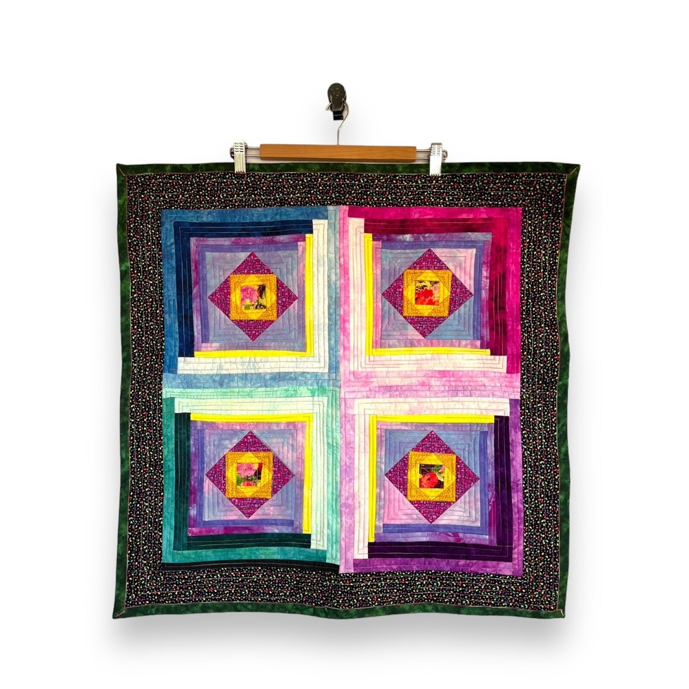 Handmade Art Quilt / Wall Hanging Vintage 1990s  Colorful Rainbow Cross 27 x 27"
